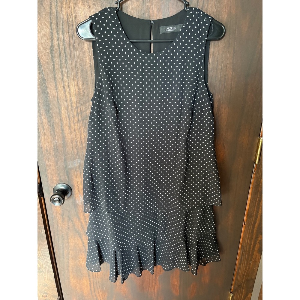 Lauren Ralph Lauren Black White Polka Dot Tiered Ruffle Shift Dress Womens 6